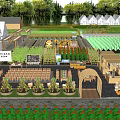 Rural Landscape With Greenhouses Farm Fields Flower Beds Stalls People Walking Trees And Mountains