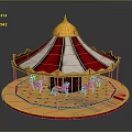 Colorful Carousel Design With Golden Top Red White Striped Tent And Blue Horses