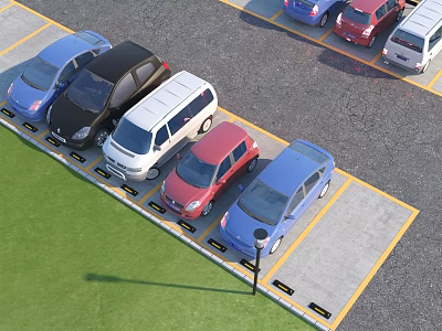 Organized Outdoor Parking Lot With Multiple Parked Cars In Marked Spaces 3d model