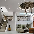 Elegant Modern Basement Interior Design With Skylight Staircase Chandelier And Cozy Furniture