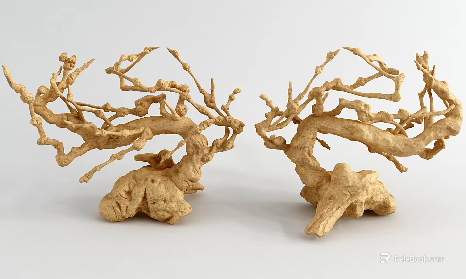Pair of Golden Branch Shaped Artistic Decorative Ornaments With Natural Root Base 3d model 