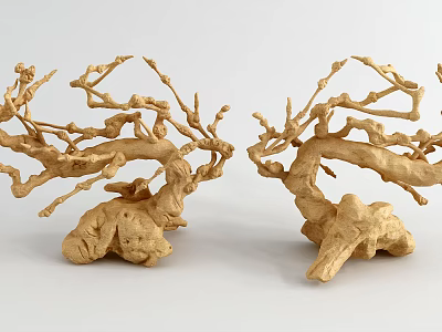 Pair of Golden Branch Shaped Artistic Decorative Ornaments With Natural Root Base 3d model