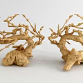 Pair of Golden Branch Shaped Artistic Decorative Ornaments With Natural Root Base