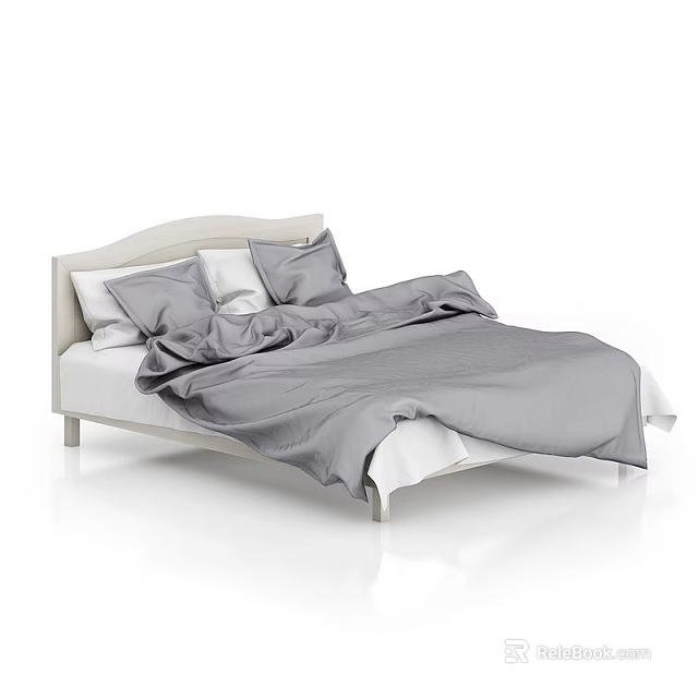 Modern Double Bed with Light Colored Bedhead Gray Duvet and White Pillows 3d model