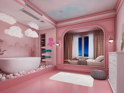 Pink Hotel Guest Room With Bathtub Cloud Decorations Bed Window Balls And Rug 3d model