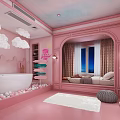 Pink Hotel Guest Room With Bathtub Cloud Decorations Bed Window Balls And Rug