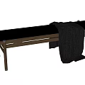 Wooden Frame Bench With Black Cushion And Gray Blanket On Top