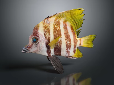 Vibrant Striped Fish With Yellow Fins Blue Eyes And Colorful Scales 3d model