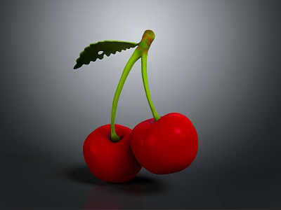 Fresh Red Cherries with Green Stems and Leaf on Dark Surface 3d model