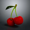 Fresh Red Cherries with Green Stems and Leaf on Dark Surface 3d model