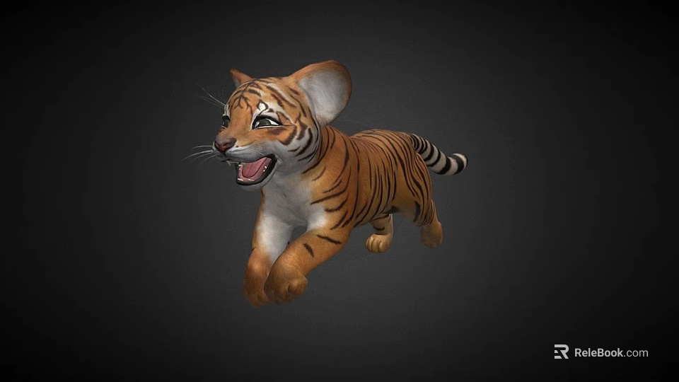 Playful Tiger Cub Running Dynamic 3D Model Black Background 3d model