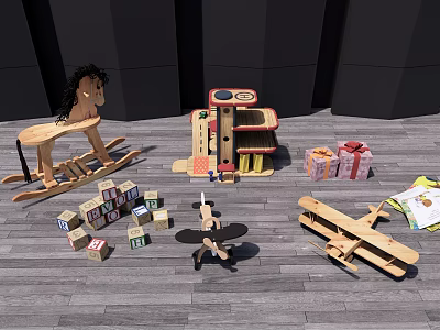 Assorted Children's Wooden Toys Including Rocking Horse Blocks Airplanes And Gift Boxes 3d model