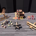 Assorted Children's Wooden Toys Including Rocking Horse Blocks Airplanes And Gift Boxes