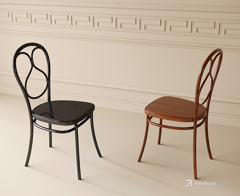 Black And Wooden Dining Chairs With Curved Backrest Against Light Colored Wall 3d model 