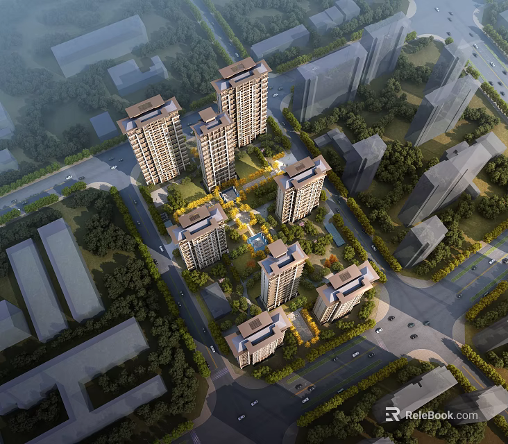 Aerial Planning of Modern Residential Community With High Rise Buildings Green Spaces and Road Networks 3d model 