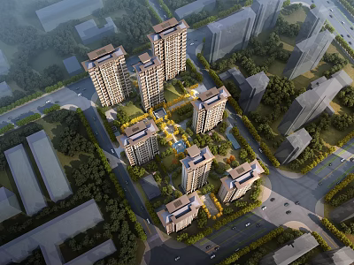 Aerial Planning of Modern Residential Community With High Rise Buildings Green Spaces and Road Networks 3d model