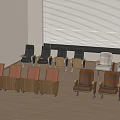 Various Colored Chairs Arrangement In Indoor Space With Wooden Floor And Blinds