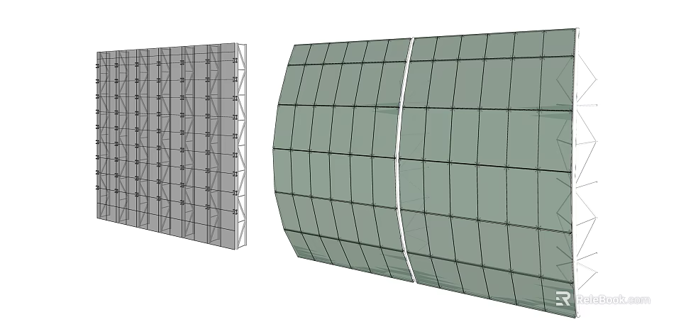 Modern Building Facade With Curved Grid Structure Green Panel And Gray Frame 3d model 