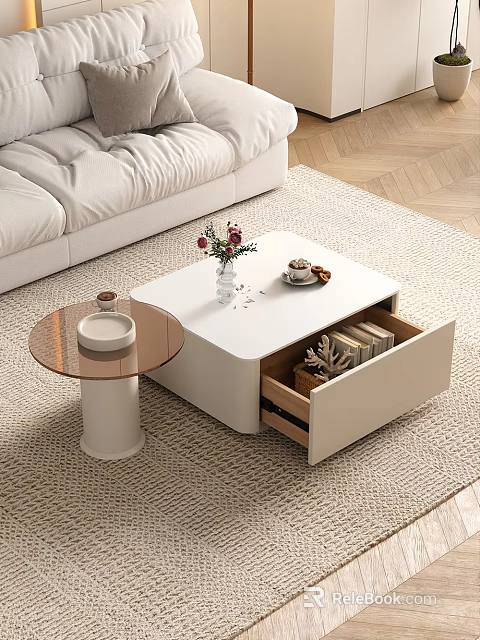 Modern White Sofa Coffee Table Set With Open Drawer Side Table Vase Books And Light Rug 3d model 