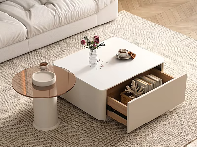 Modern White Sofa Coffee Table Set With Open Drawer Side Table Vase Books And Light Rug 3d model