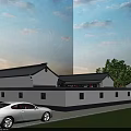 Chinese Style Detached Villa With Courtyard Black Roof And Surrounding Green Trees