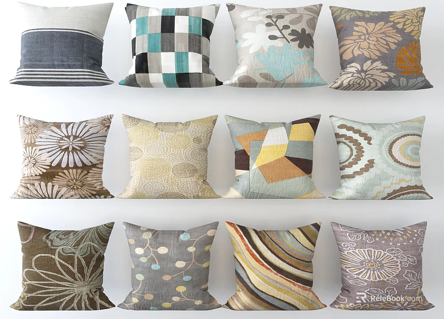 Assorted Decorative Throw Pillows Featuring Floral Geometric Striped And Polka Dot Patterns 3d model