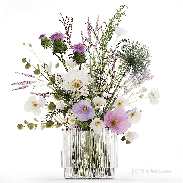 Decorative Ornament Set Featuring Glass Vase and Mixed White Purple Pink Flowers 3d model 