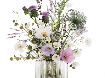 Decorative Ornament Set Featuring Glass Vase and Mixed White Purple Pink Flowers 3d model