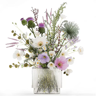 Decorative Ornament Set Featuring Glass Vase and Mixed White Purple Pink Flowers 3d model