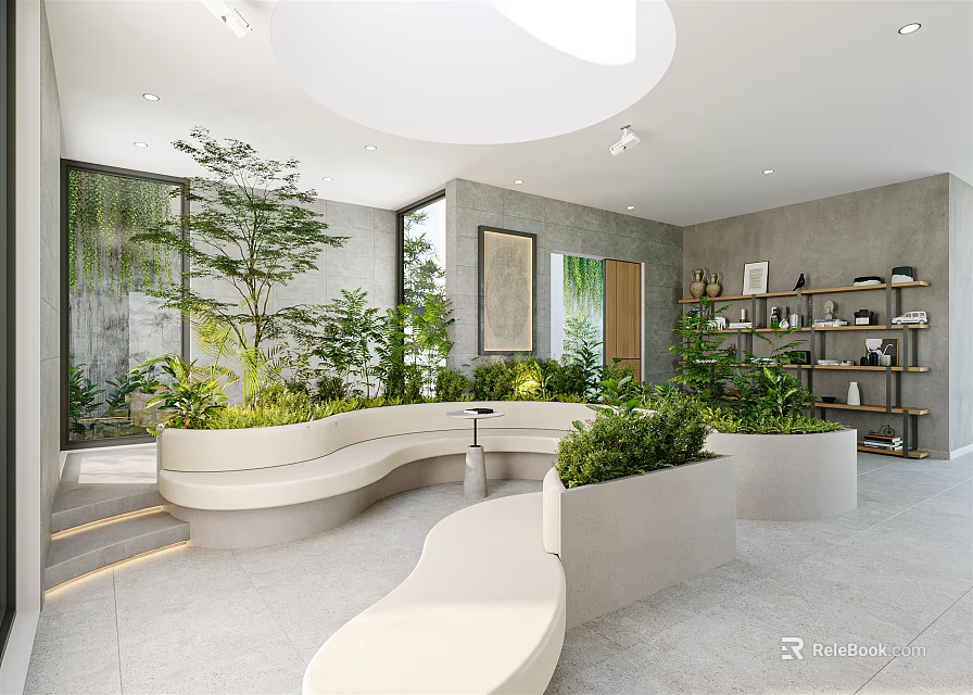 Modern Leisure Area Interior With Curved Seating Green Plants And Large Windows 3d model 