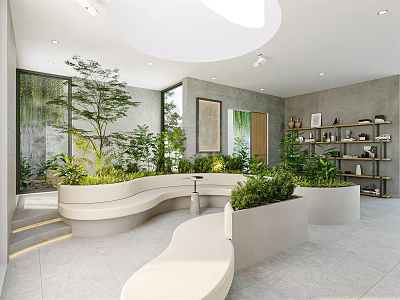 Modern Leisure Area Interior With Curved Seating Green Plants And Large Windows 3d model