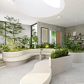 Modern Leisure Area Interior With Curved Seating Green Plants And Large Windows