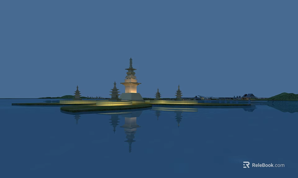 Illuminated Pagoda On Calm Water With Clear Reflection And Surrounding Structures 3d model 