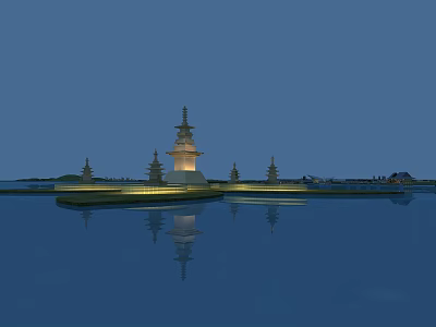 Illuminated Pagoda On Calm Water With Clear Reflection And Surrounding Structures 3d model