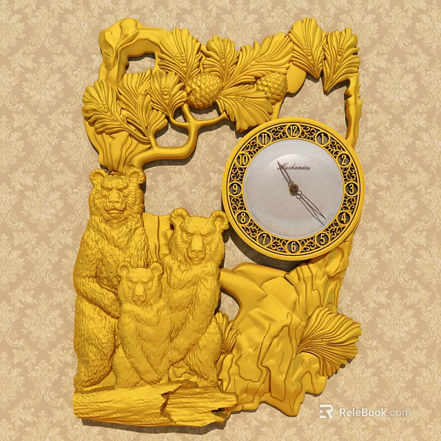 Golden Carved Wall Clock With Bears Pine Tree And Patterned Background 3d model 