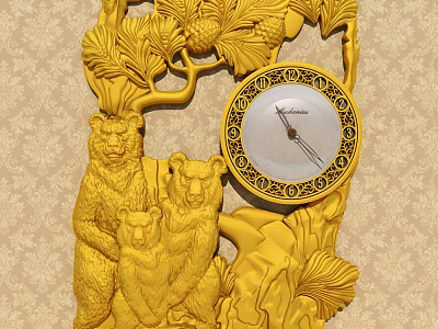 Golden Carved Wall Clock With Bears Pine Tree And Patterned Background 3d model