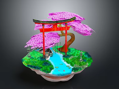 Japanese Zen Garden Scene With Red Torii Gate Pink Cherry Blossom And Stream 3d model