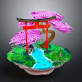 Japanese Zen Garden Scene With Red Torii Gate Pink Cherry Blossom And Stream