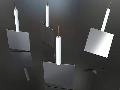 Multiple Square Metal Plates With White Cylinders And Copper Tops On Black Background With Reflections 3d model