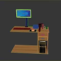 Wooden Office Desk With Monitor Keyboard Mouse Phone Drawer Cabinet And Computer Tower