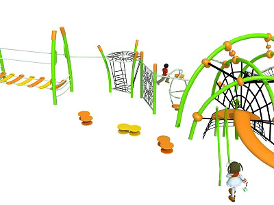 Green Orange Outdoor Playground Equipment with Climbing Nets Swings Slides for Kids Play Area 3d model