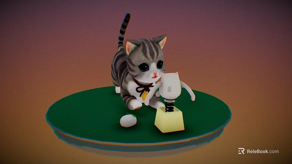 Cartoon Style Striped Gray Kitten Playing With Table Lamp And Ball On Green Platform 3d model 