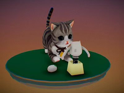 Cartoon Style Striped Gray Kitten Playing With Table Lamp And Ball On Green Platform 3d model