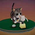 Cartoon Style Striped Gray Kitten Playing With Table Lamp And Ball On Green Platform