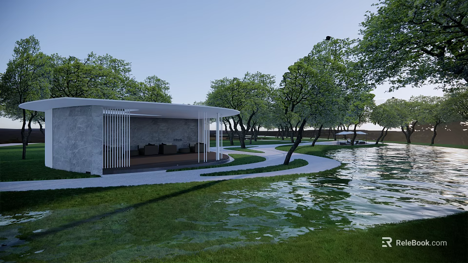 Outdoor Pergola in Natural Landscape With Green Trees Grass and Waterfront 3d model 