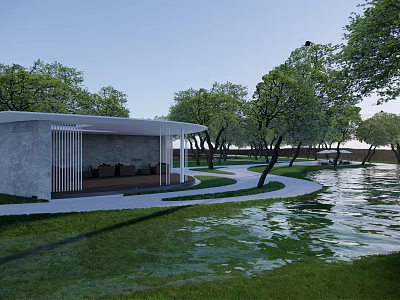 Outdoor Pergola in Natural Landscape With Green Trees Grass and Waterfront 3d model