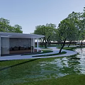 Outdoor Pergola in Natural Landscape With Green Trees Grass and Waterfront