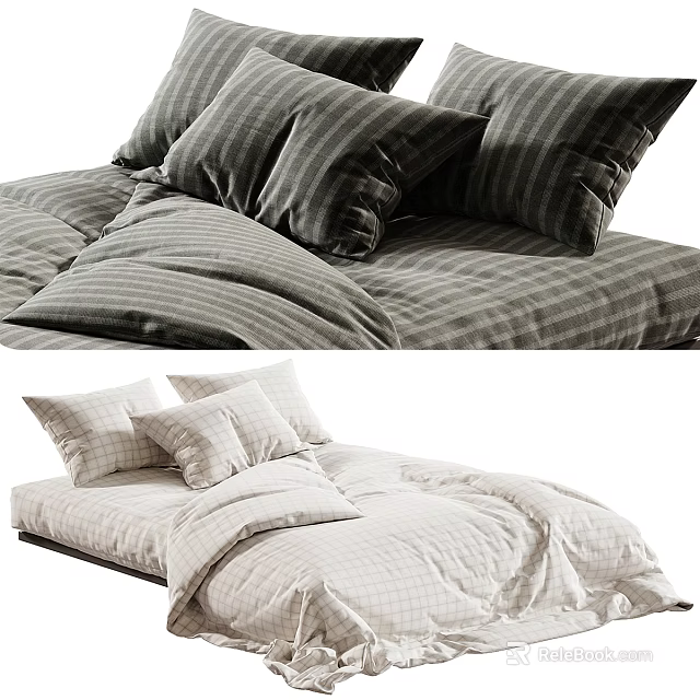 Gray And Beige Check Bed Linen With Pillows And Quilt For Bedroom 3d model 
