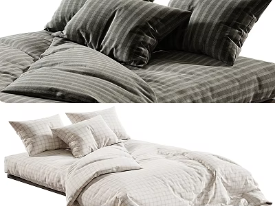 Gray And Beige Check Bed Linen With Pillows And Quilt For Bedroom 3d model