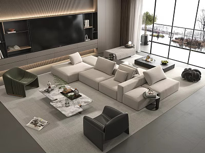 Modern Sectional Sofa and Coffee Table with Marble Top Large Windows Green Armchair Living Room 3d model